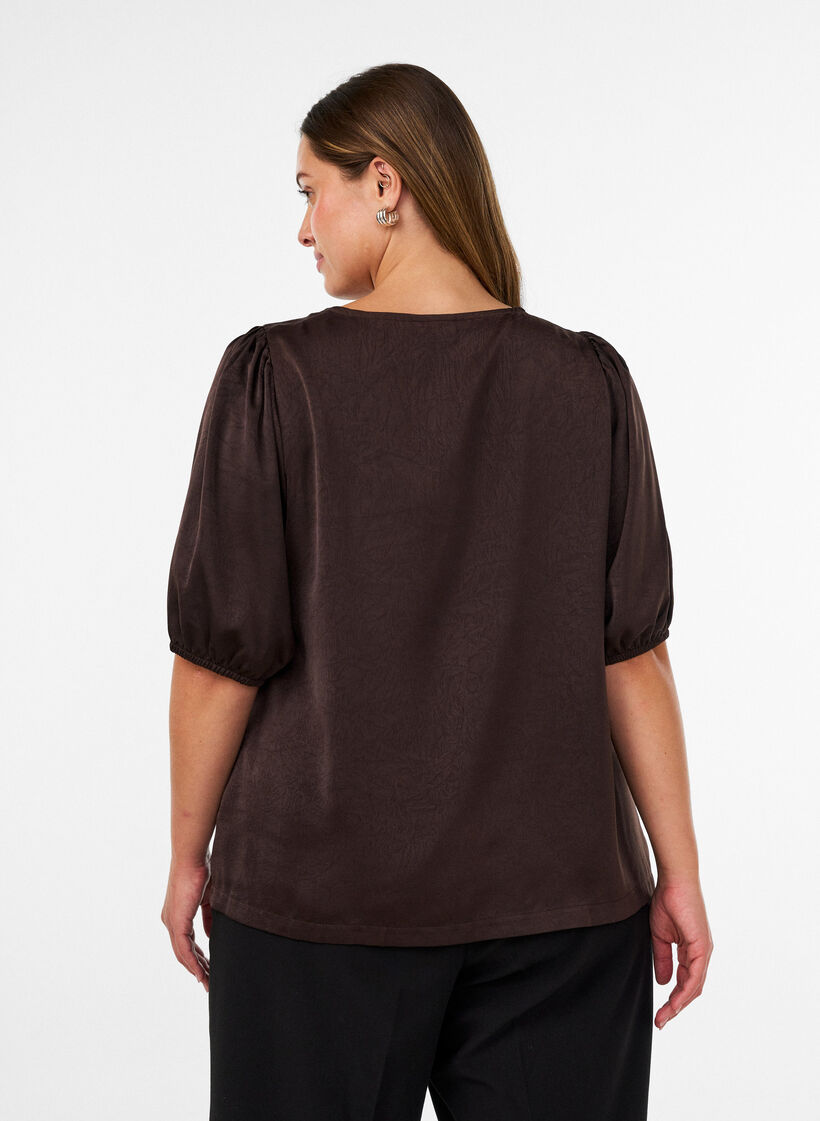 Satijnen blouse met strikjes en ellebooglange mouwen, Bruin, Model image number 2