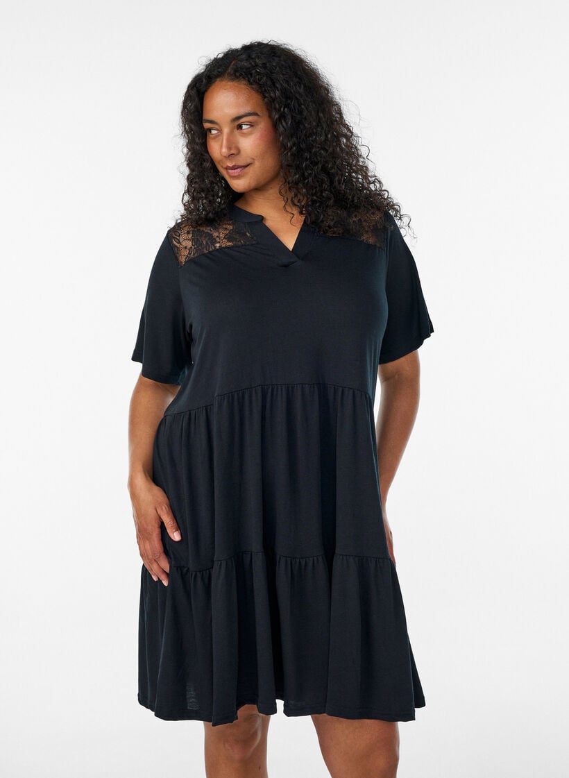 Jerseyjurk met kanten details en een gelaagde rok, Zwart, Model image number 0