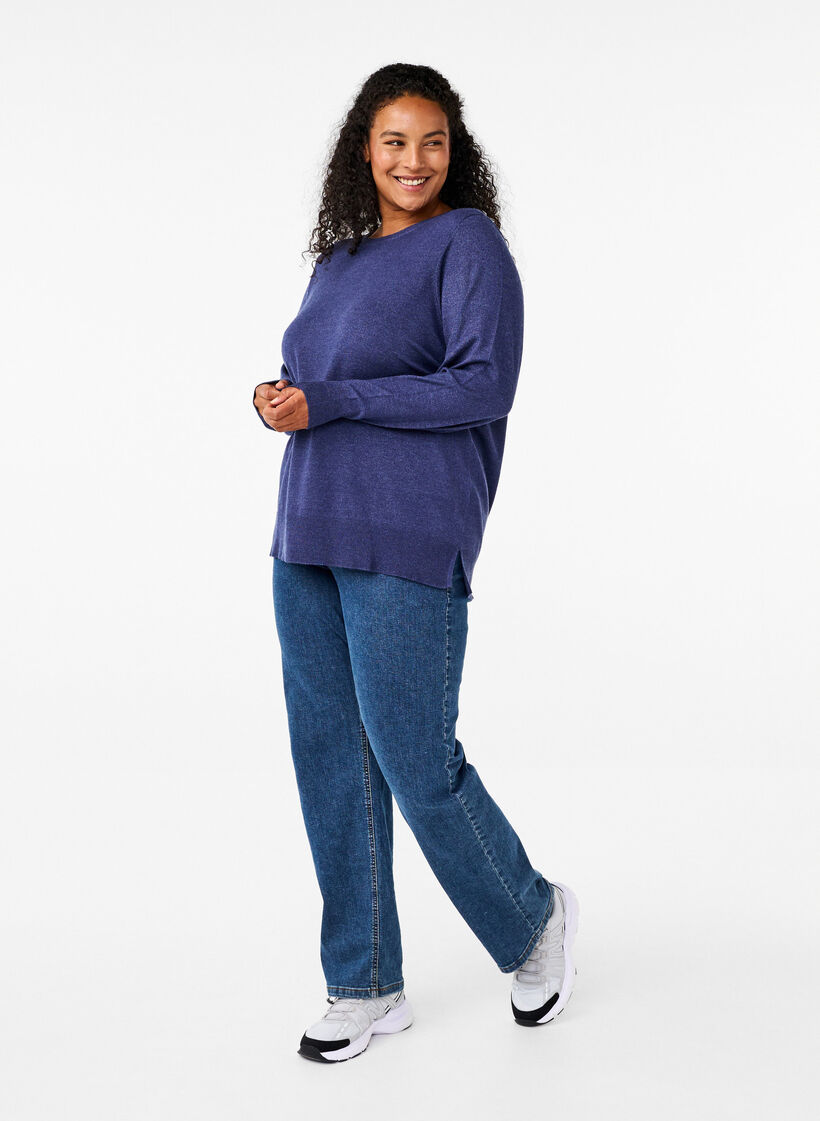 Gebreide blouse met lange mouwen en een spleet, Blauw, Model image number 1