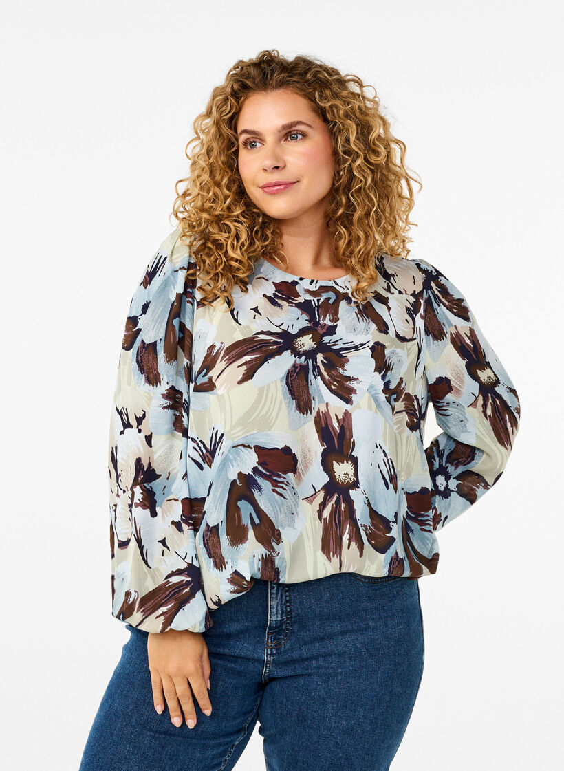 Blouse met lange mouwen, print en knoop, Grey Flower AOP, Model image number 0