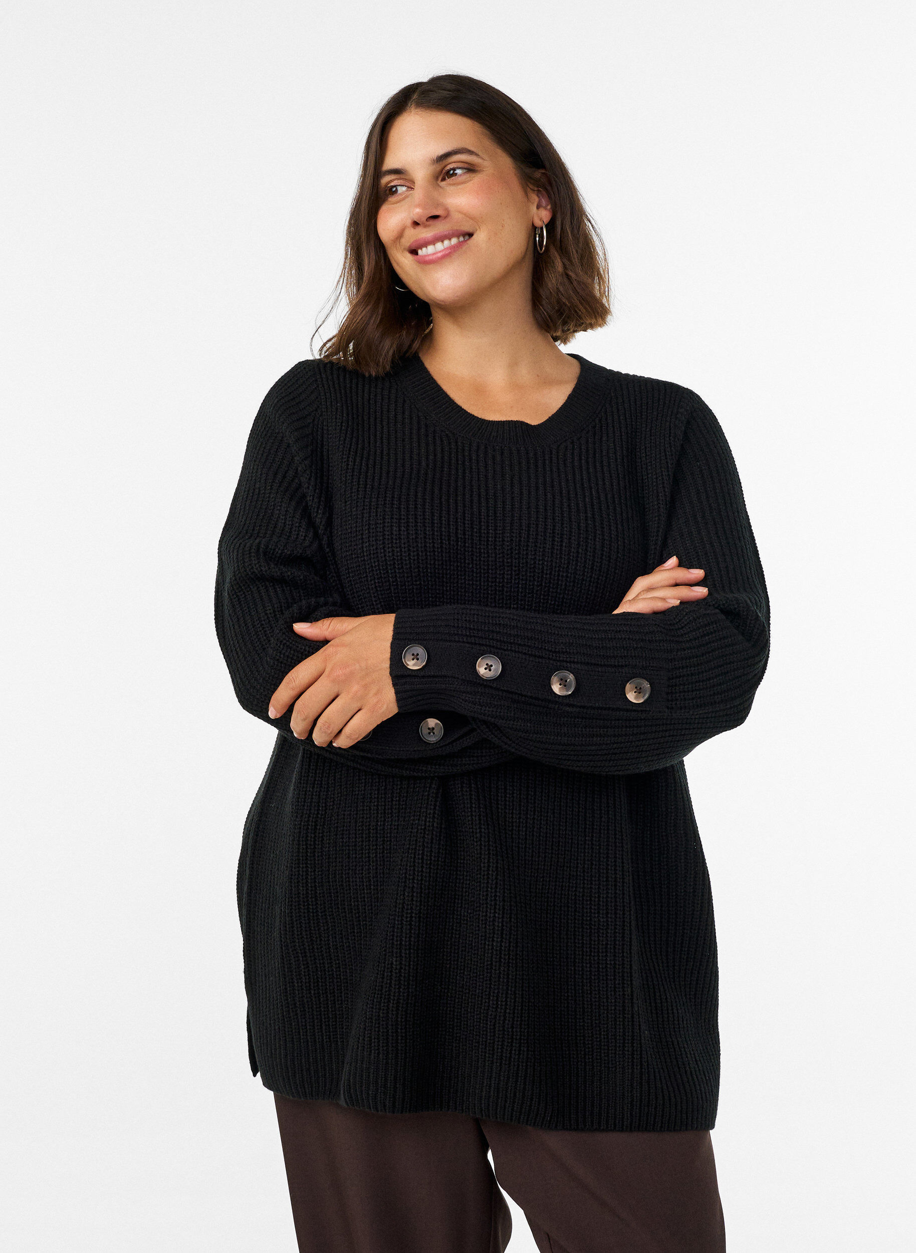 ZizziGebreide blouse met ribstructuur en knoopdetails, Zwart, Model image number 0