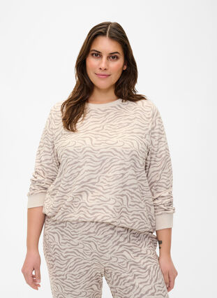 Velours blouse met lange mouwen en print, Pink Tint AOP, Model image number 0