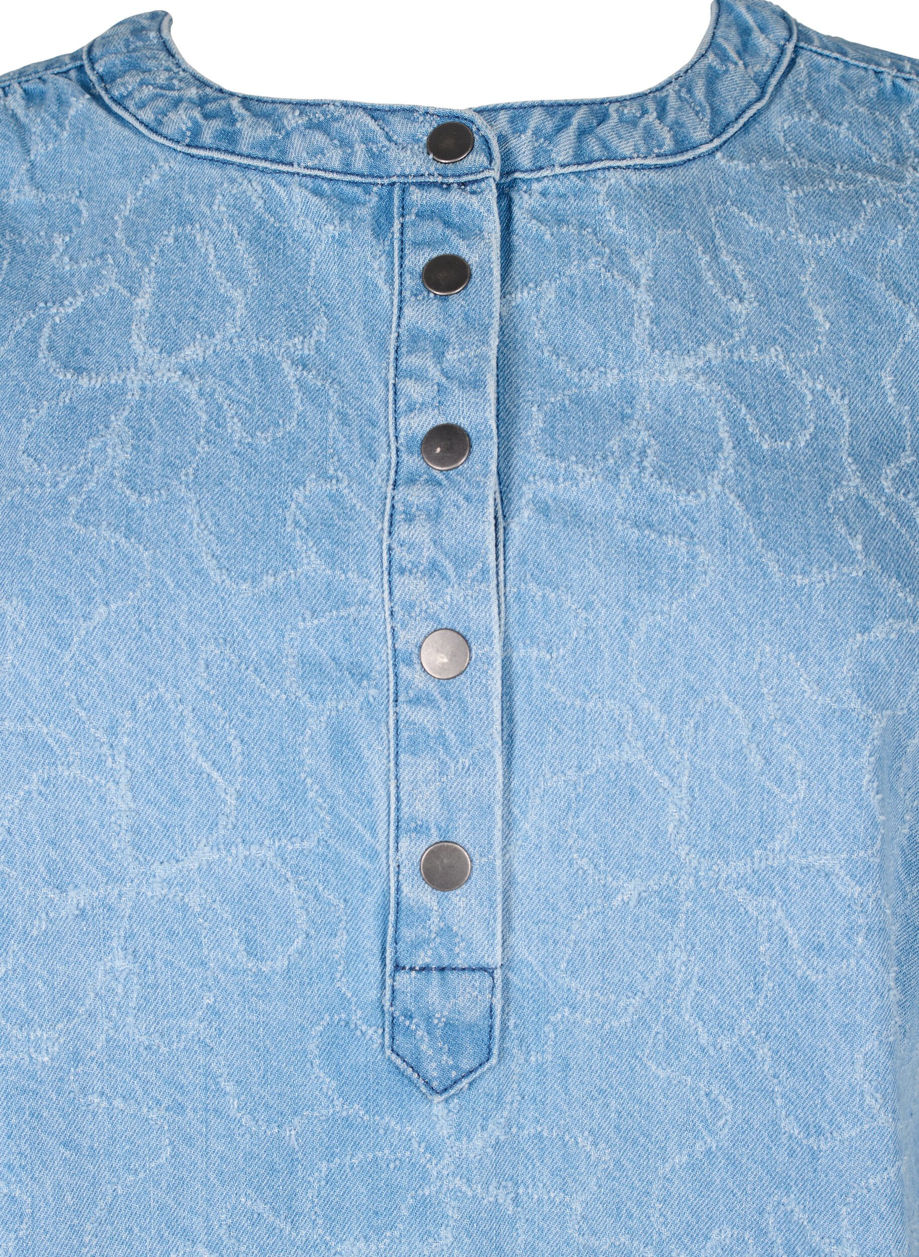 Zizzi Korte denim jurk met een A-lijn snit en strikpatroon, Blauw, Packshot image number 2