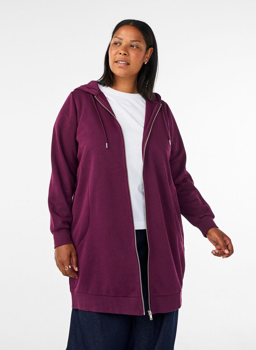 Lange hoodie met ritssluiting en zakken, Paars, Model image number 0