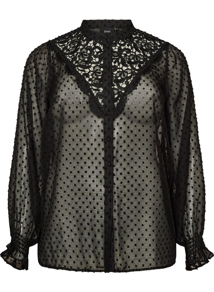 Overhemdblouse met kanten inzet en stippenpatroon, Zwart, Packshot image number 0