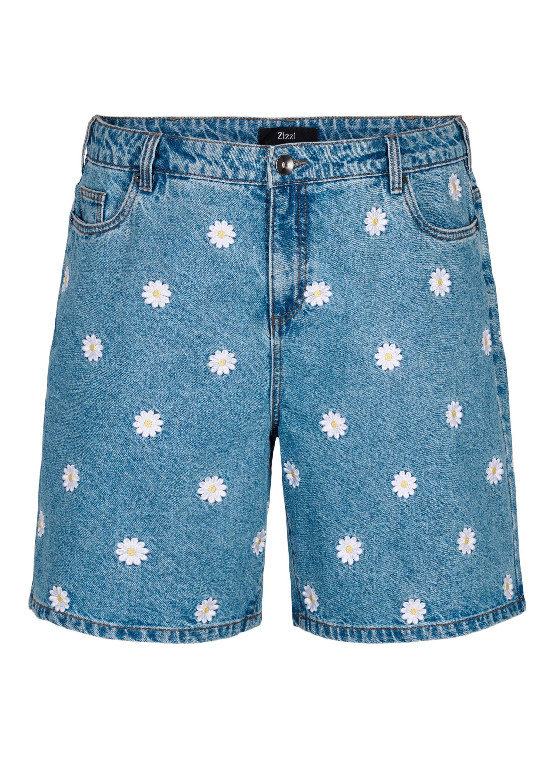 Zizzi Mille korte broek met hoge taille en geborduurde bloemen, L.B. Flower, Packshot image number 0