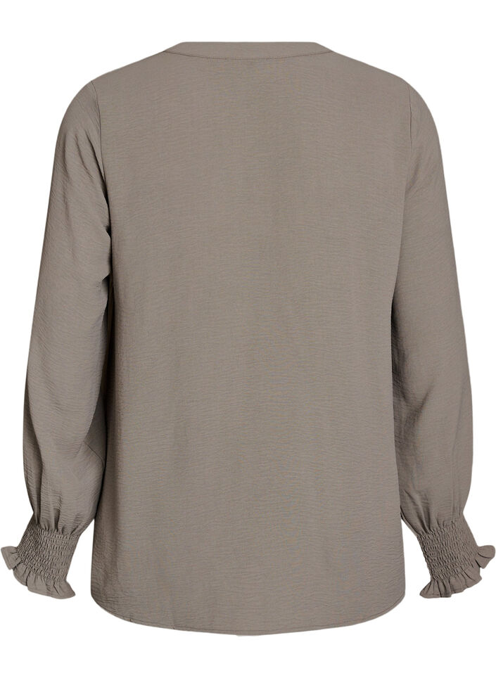 Blouse met smockmanchetten en V-hals, Beige, Packshot image number 1
