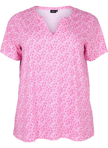 Gebloemd katoenen t-shirt met v-hals, Shocking Pink AOP, Packshot image number 0