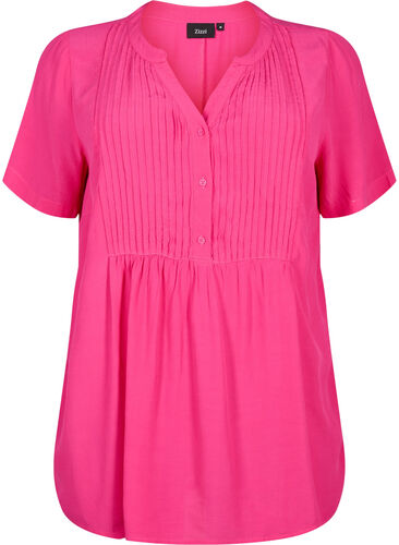 Viscose blouse met korte mouwen en plooien, Beetroot Purple, Packshot image number 0
