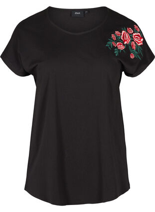 Katoenen t-shirt met korte mouwen en borduursel, Black, Packshot image number 0