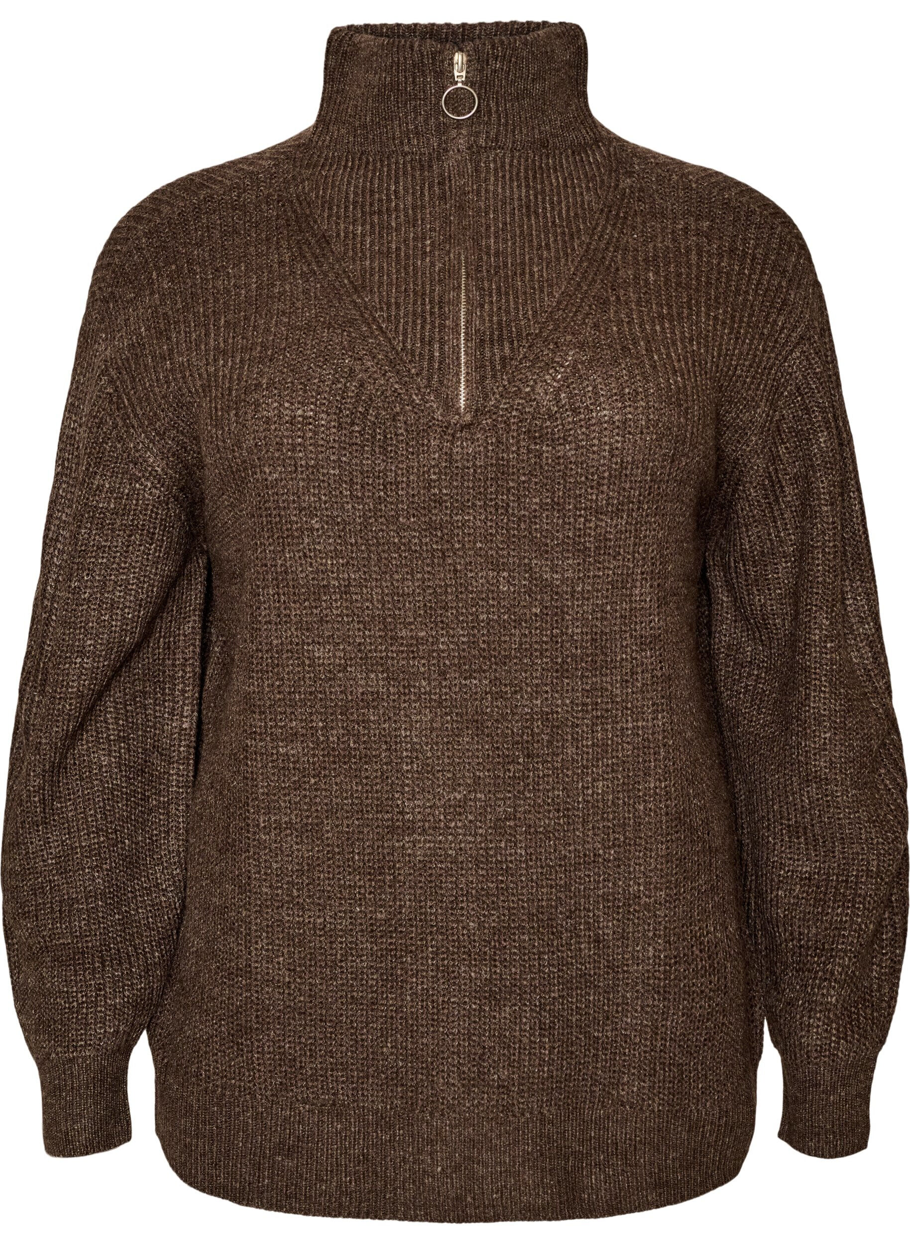 ZizziGebreide trui met hoge hals en rits, Bruin, Packshot image number 0