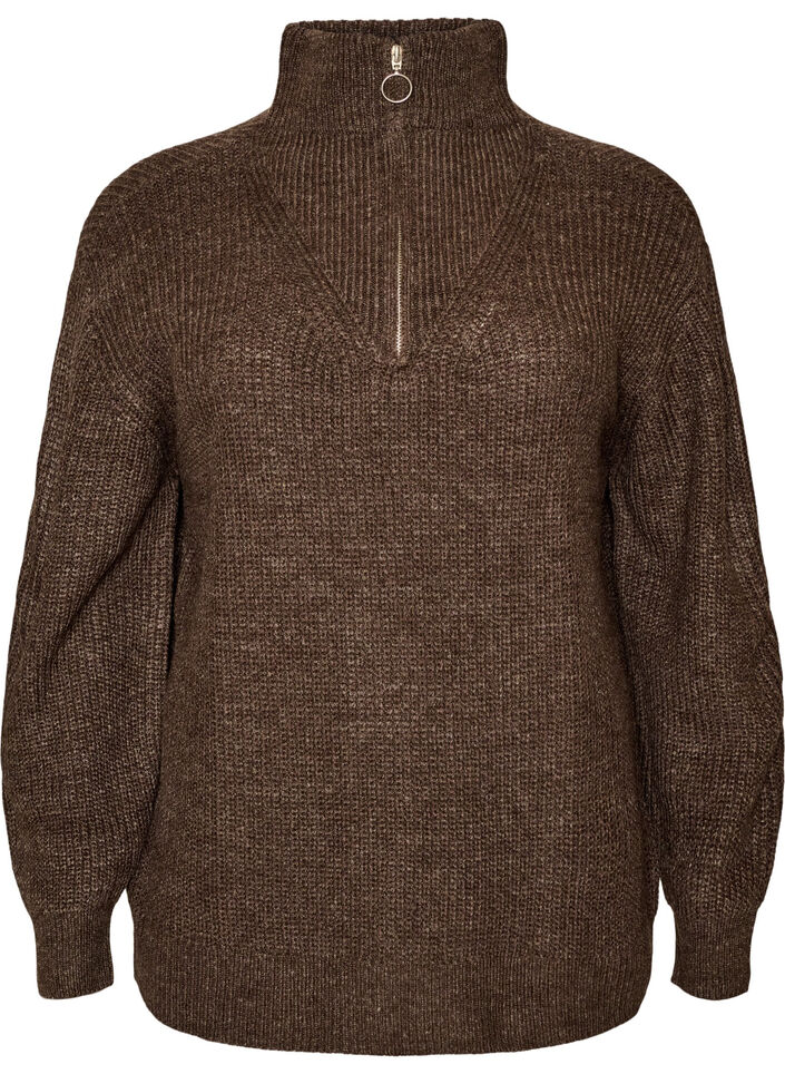 Gebreide trui met hoge hals en rits, Bruin, Packshot image number 0
