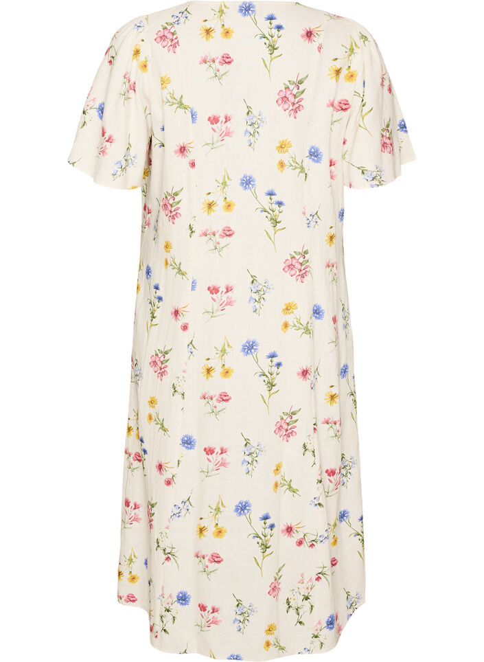 Midi jurk in linnen en viscose met ruchesmouwen, Beige, Packshot image number 1