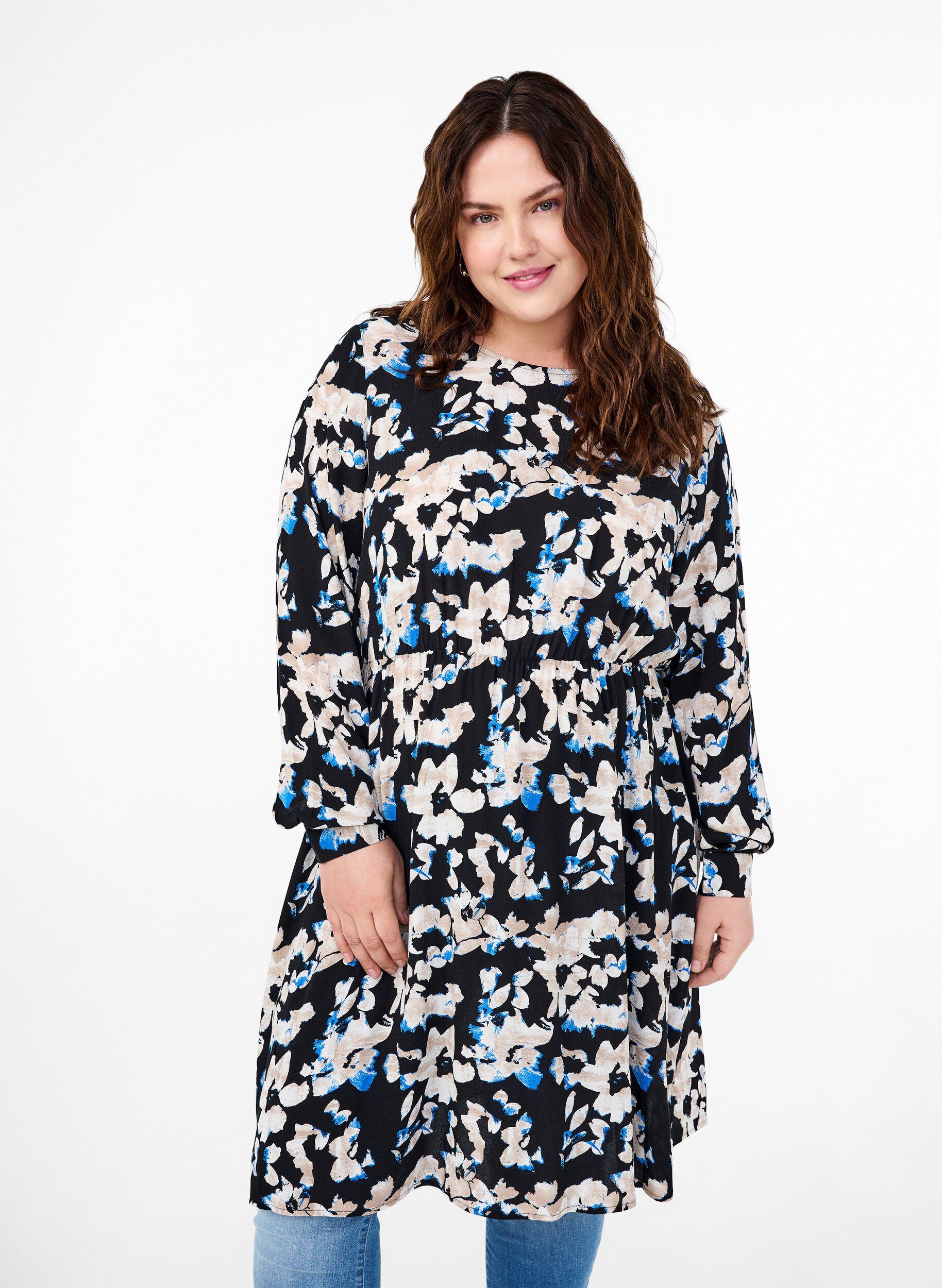 Zizzi Viscose jurk met print en lange mouwen, Zwart, Model image number 0