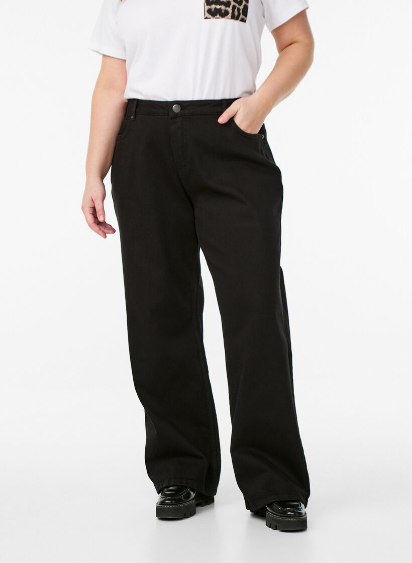 Jeans met wijde pijpen en hoge taille, Zwart, Model image number 2