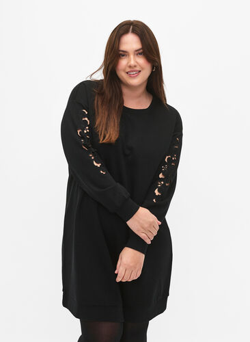 Sweater-jurk met geborduurde details, Black, Model image number 0