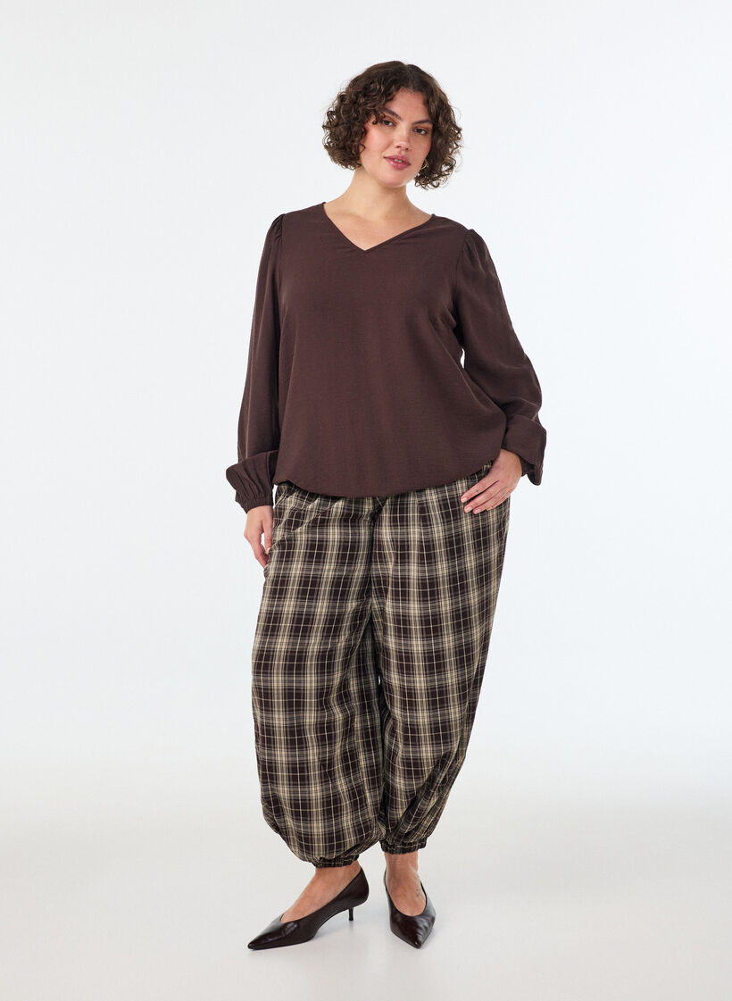 Viscose blouse met V-hals en ballonvormig silhouet, Bruin, Model image number 1