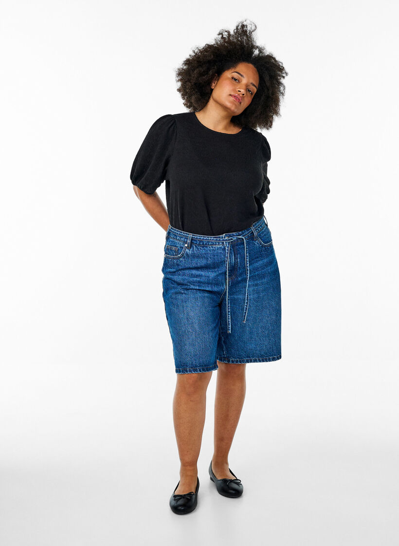 Gestructureerde blouse met korte mouwen, Zwart, Model image number 1