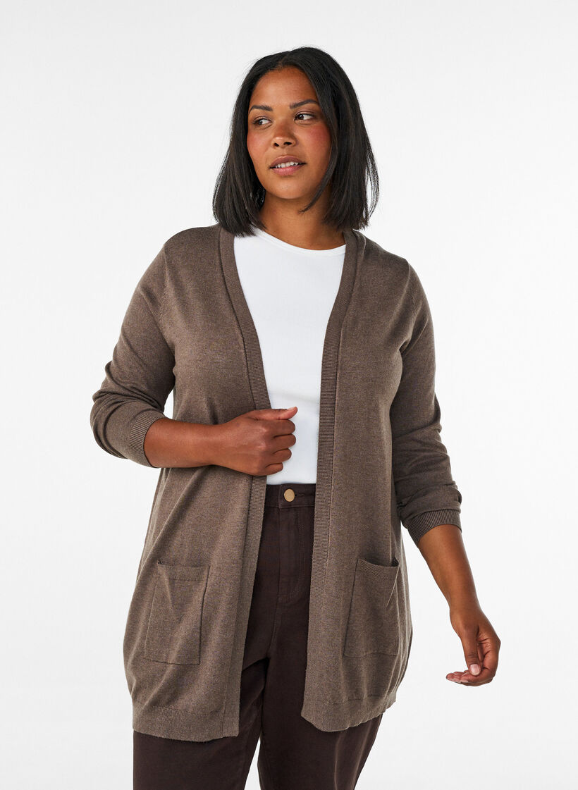 Lang gebreid vest in viscosemix, Bruin, Model image number 0