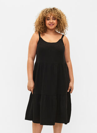 Effen katoenen jurk met bandjes, Black, Model image number 0