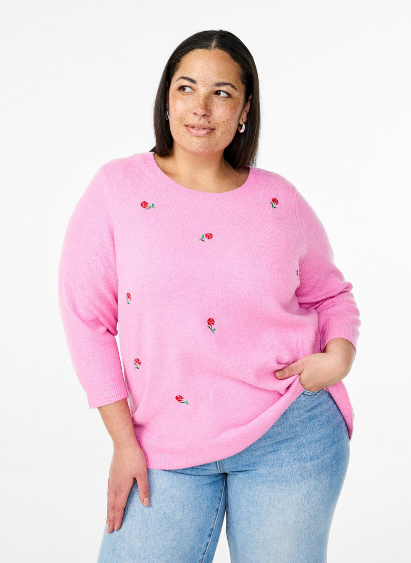 Gebreide blouse met bloemen en 3/4 mouwen, Begonia Pink Mel., Model image number 0