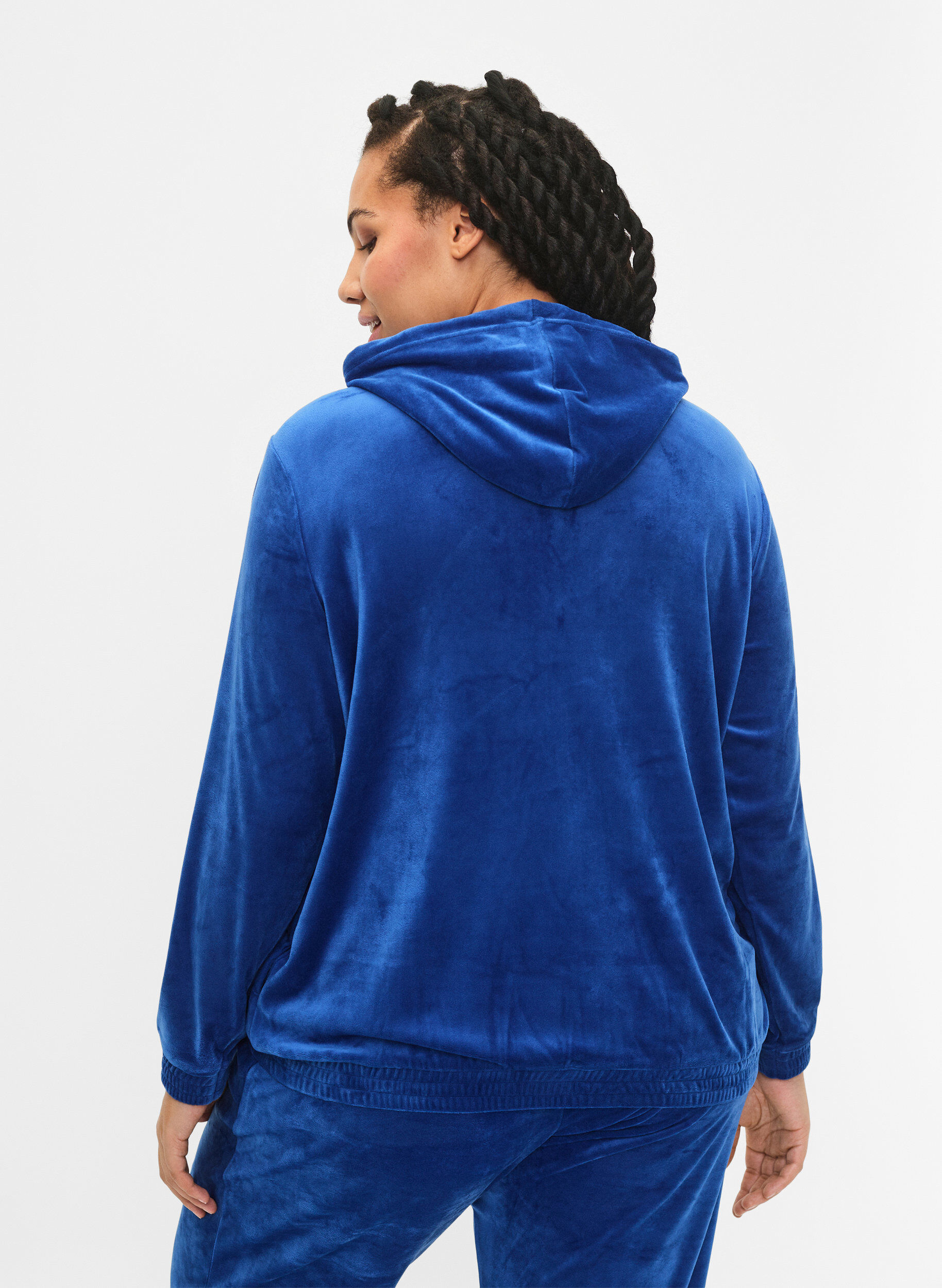 Zizzi Velours vest met rits en capuchon, Blauw, Model image number 2