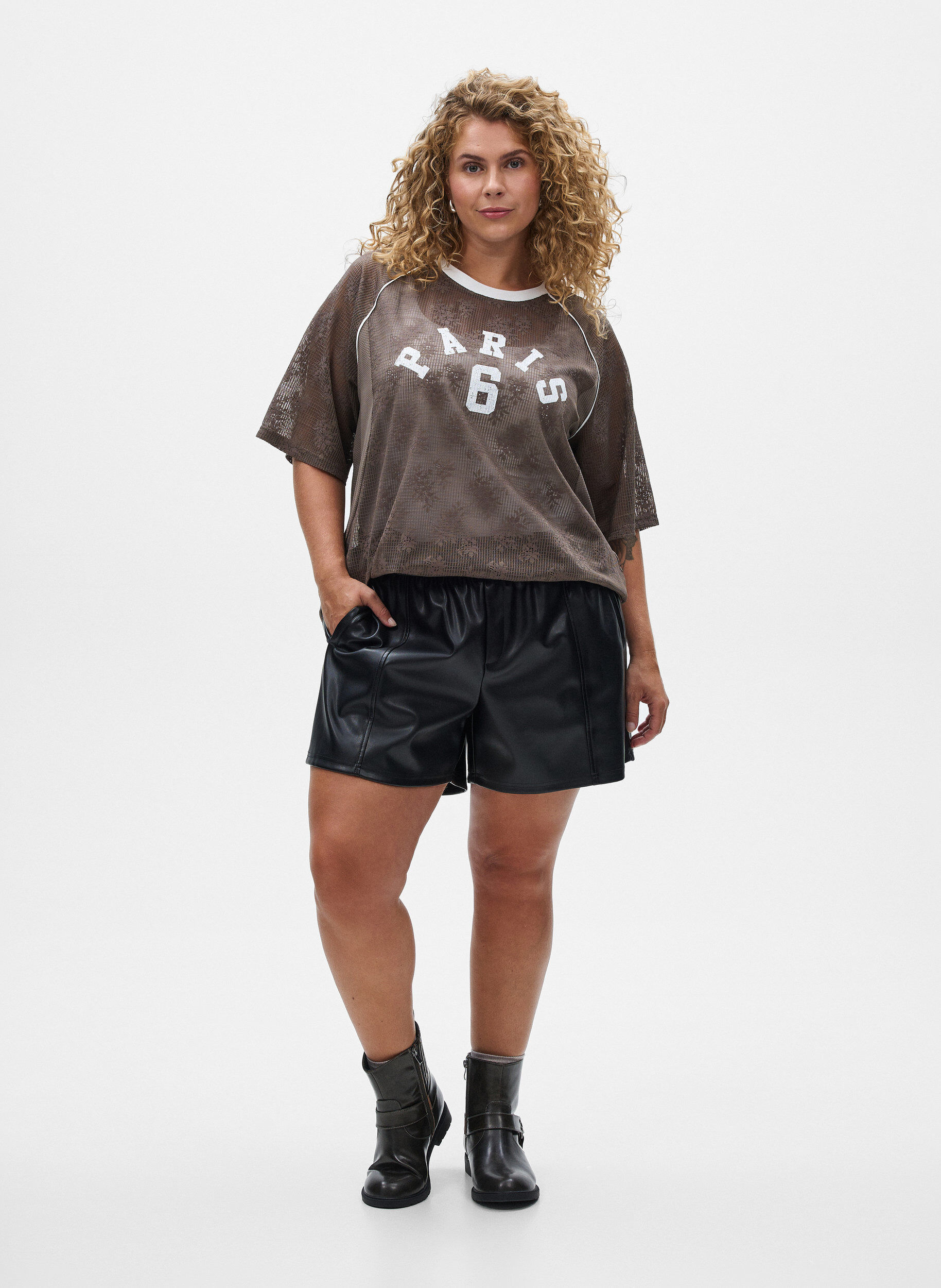 Zizzi Kanten T-shirt met tekstprint, Bruin, Model image number 1