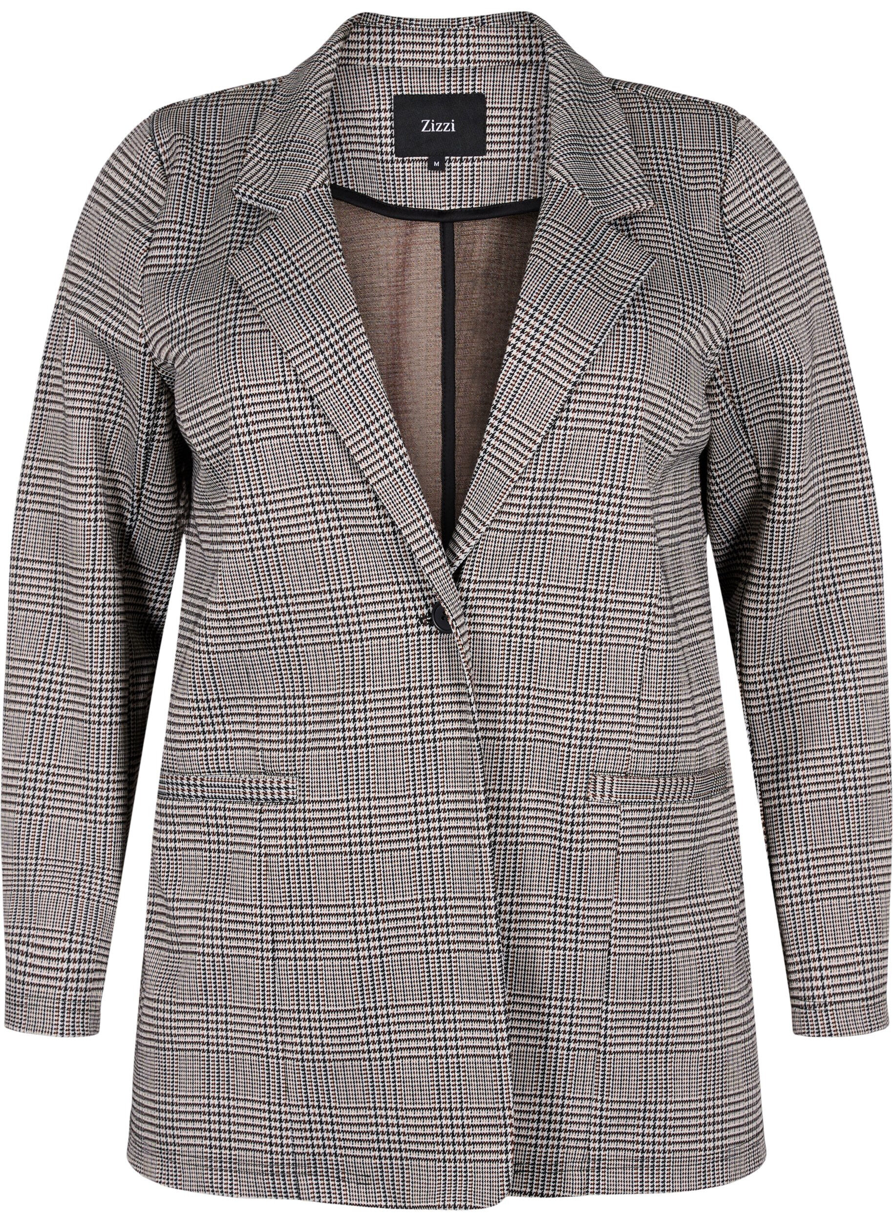 Zizzi Geruite blazer met knoopsluiting, Beige Brown Check, Packshot image number 0