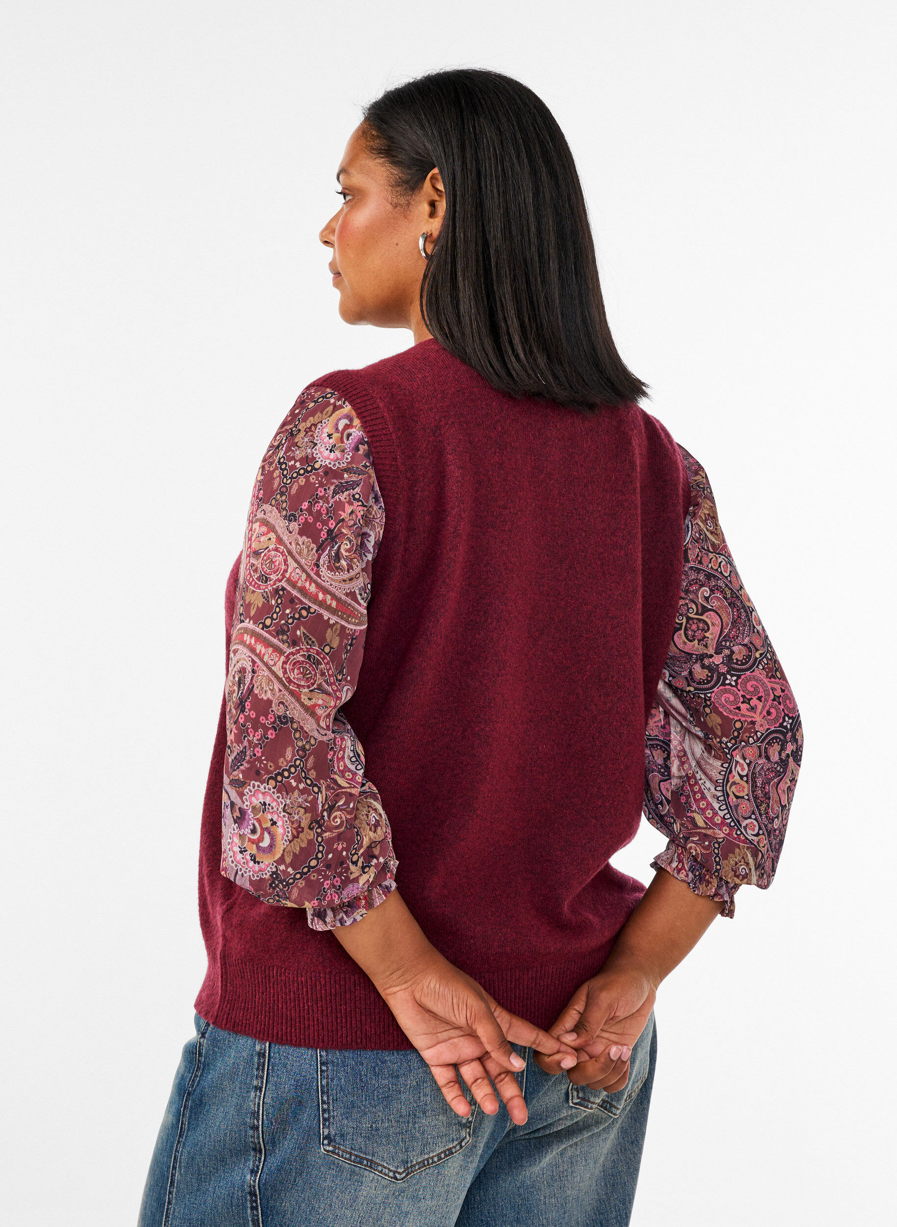 ZizziGebreide vest met decoratieve knopen, Donker Bordeaux, Model image number 2