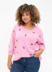 Gebreide blouse met 3/4 mouwen en kersen, B.Pink/Wh.Mel/Cherry, Model