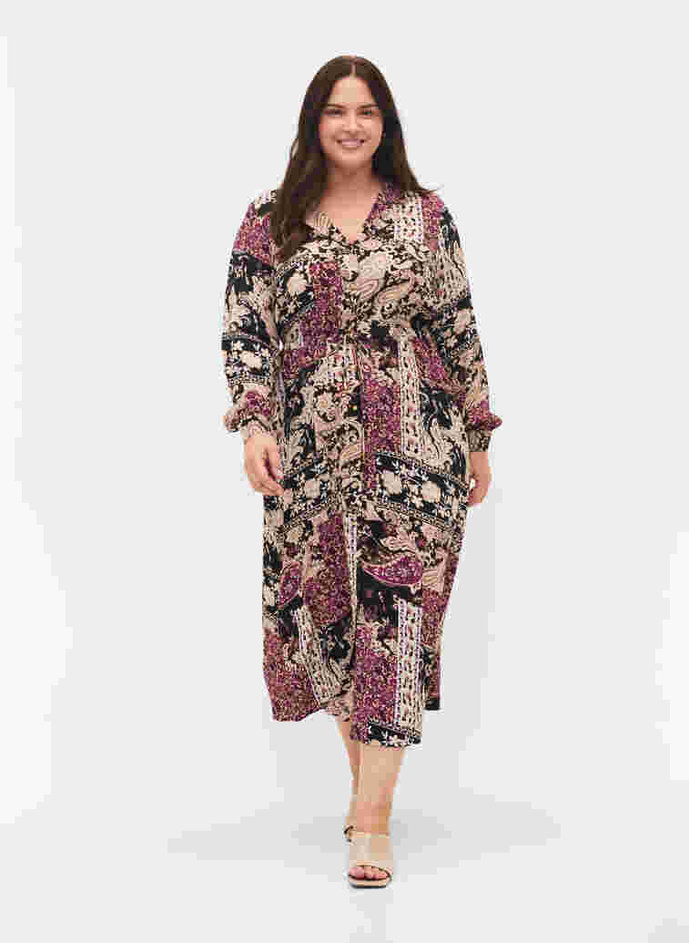 Midi-jurk in viscose met paisleyprint, Black Patchwork AOP, Model image number 2