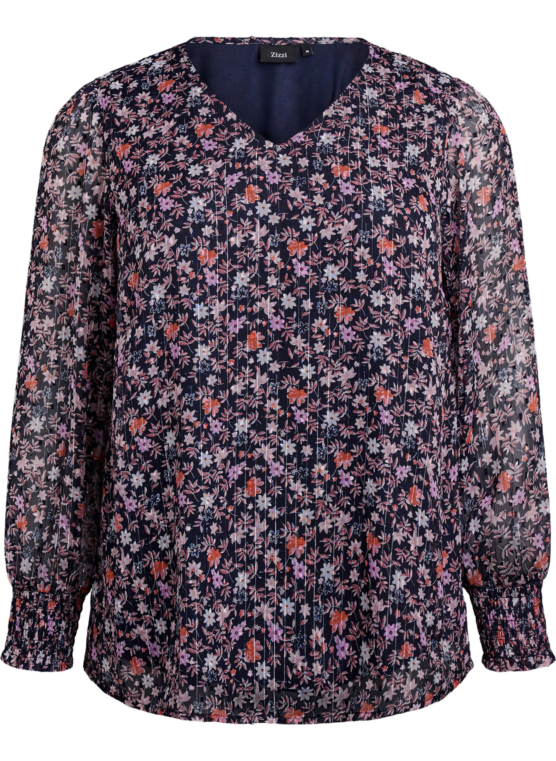 Zizzi Blouse met bloemenprint en glitterdraad, Blauw, Packshot image number 0