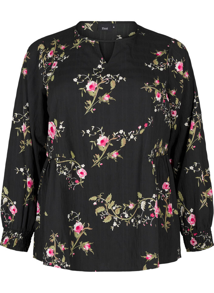 Blouse met lange mouwen en bloemenprint, Zwart, Packshot image number 0