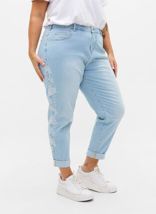 Cropped Mille jeans met borduursel, Light blue denim, Model image number 3