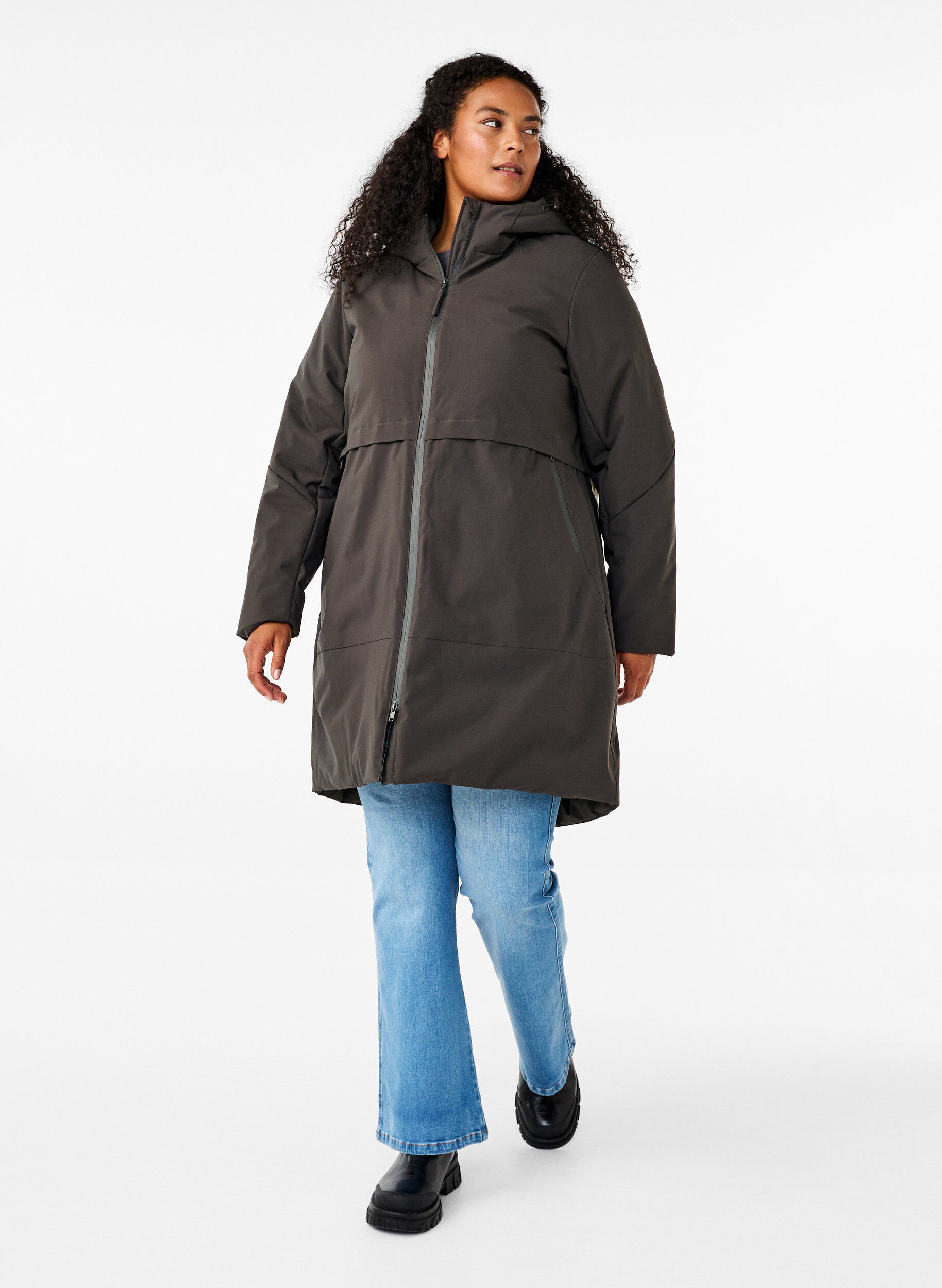 Zizzi Winterjas met verstelbare taille, Grijs, Model image number 1