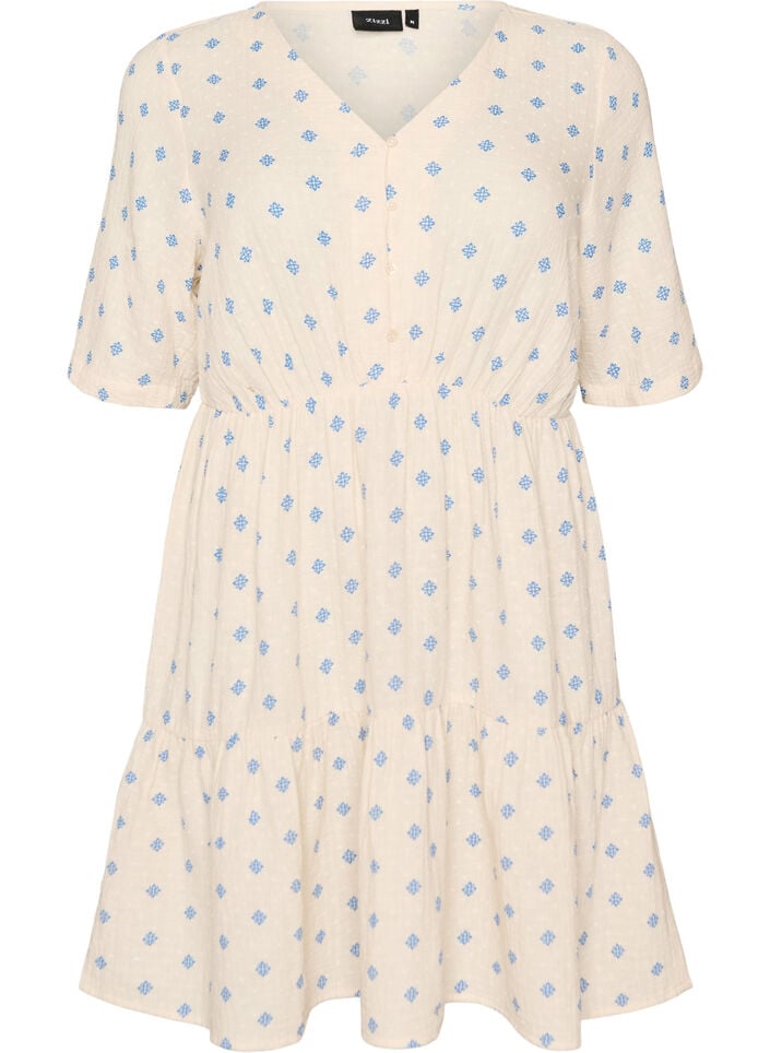 Gebloemde katoenen jurk met een elastische taille, Beige, Packshot image number 0