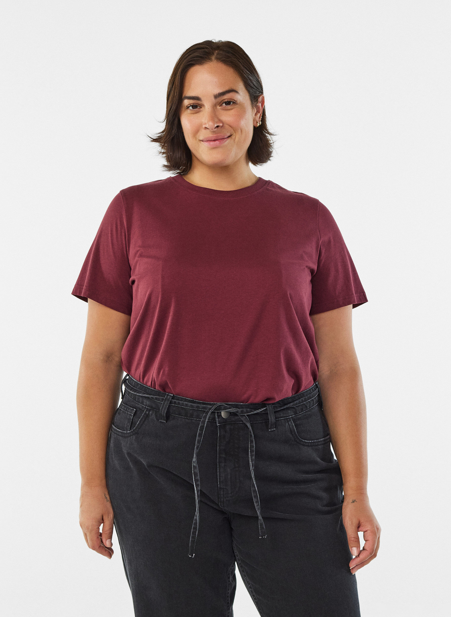 ZizziBasic katoenen T-shirt met ronde hals, Donker Bordeaux, Model image number 0