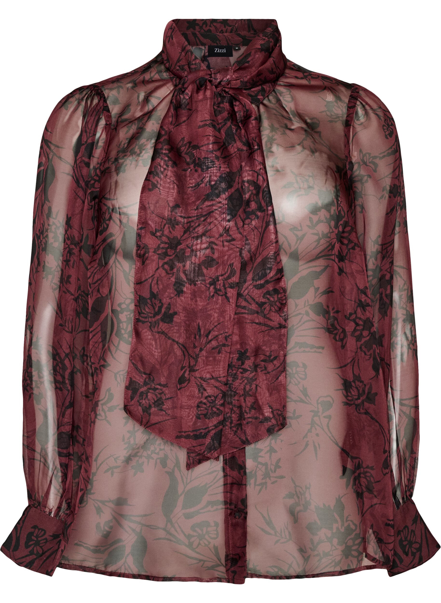 Doorschijnende overhemdblouse met bloemenpatroon en strikdetail