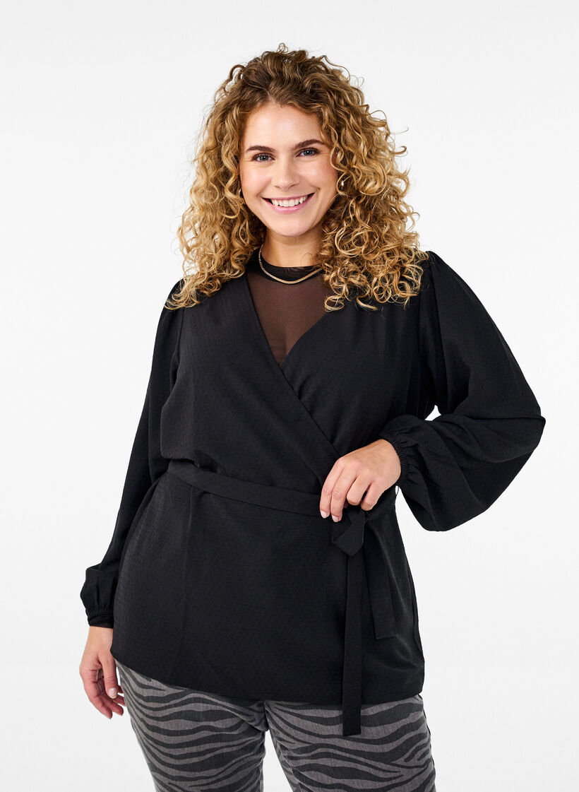 Omslagblouse met lange mouwen en striksluiting, Zwart, Model image number 0
