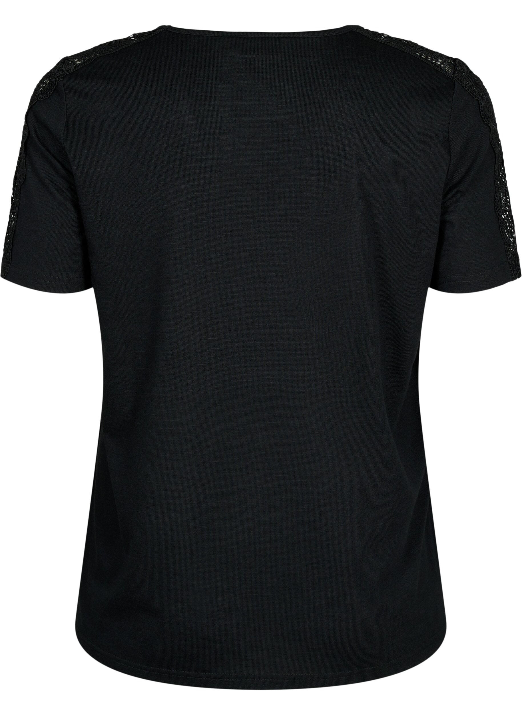 Zizzi Blouse met korte mouwen, kant en v-hals, Black, Packshot image number 1