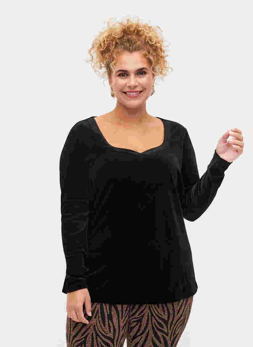 Velours blouse met lange mouwen, Black, Model