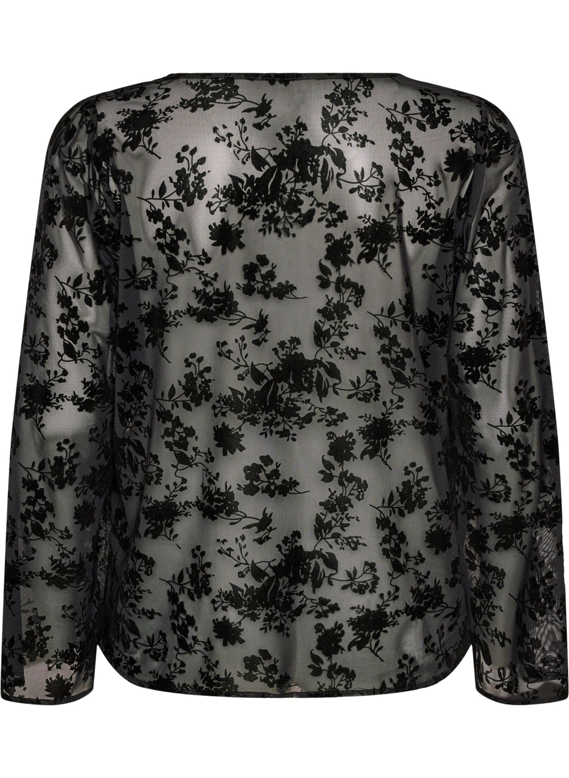 ZizziMesh blouse met bloemenpatroon en open voorkant, Zwart, Packshot image number 1