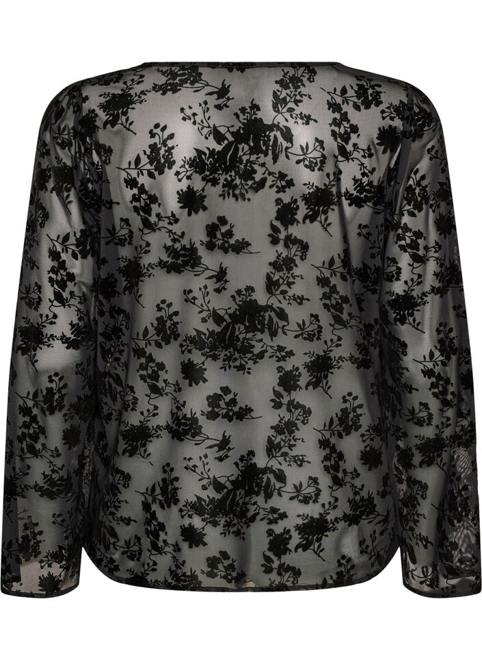 Mesh blouse met bloemenpatroon en open voorkant, Zwart, Packshot image number 1