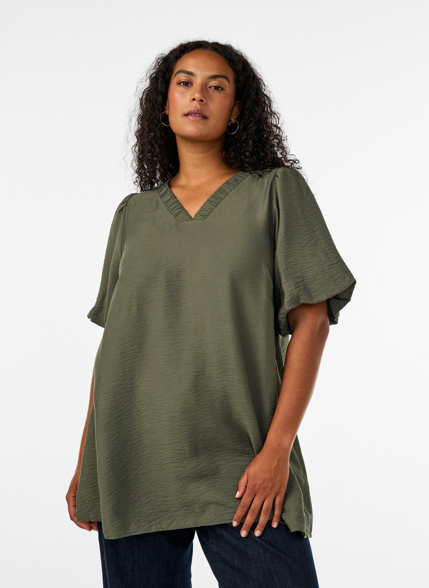 Tunic met ballonnenmouwen en een V-hals, Groen, Model