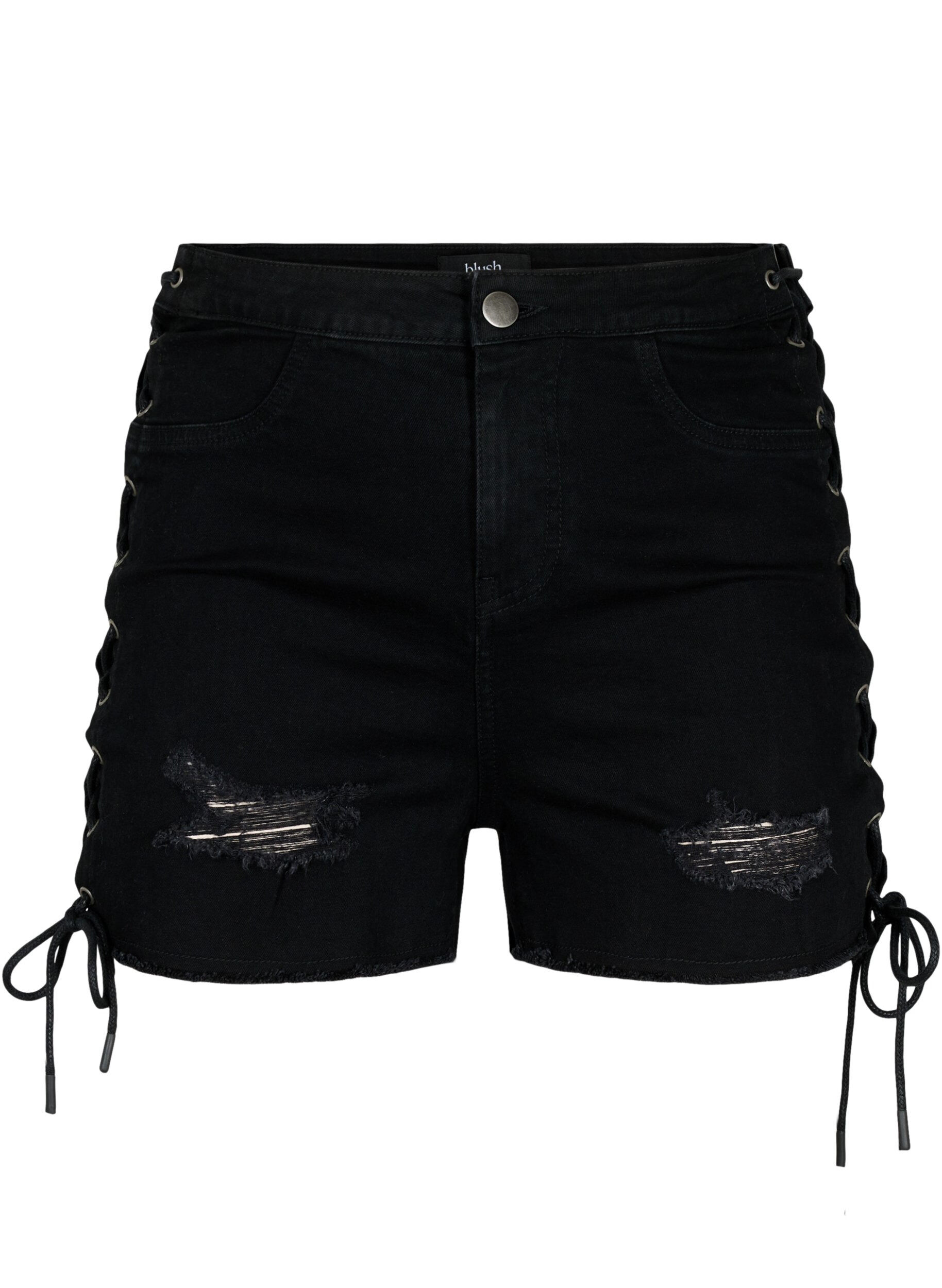 Zizzi Gescheurde denim shorts met trekkoord, Black Denim, Packshot image number 0