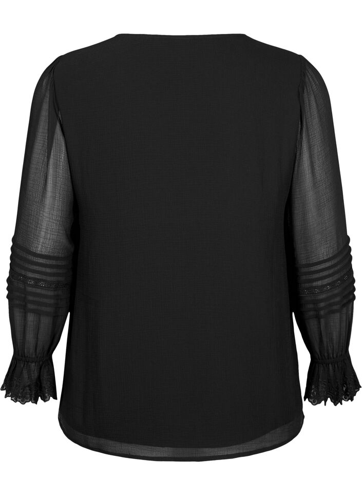 Blouse met V-hals en ruches aan de mouwen, Black, Packshot image number 1