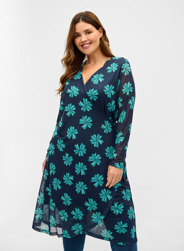 Mesh jurk met print en overslag, Night Sky w Green , Model image number 0