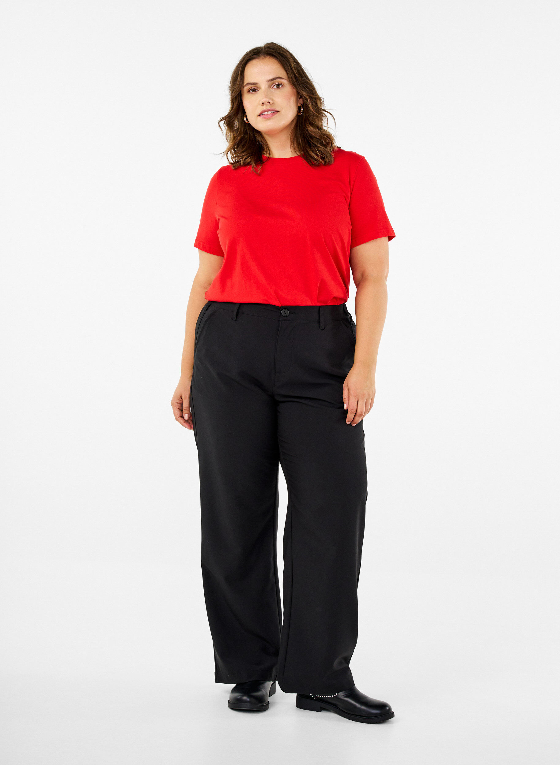 ZizziBasic katoenen T-shirt met ronde hals, Rood, Model image number 1