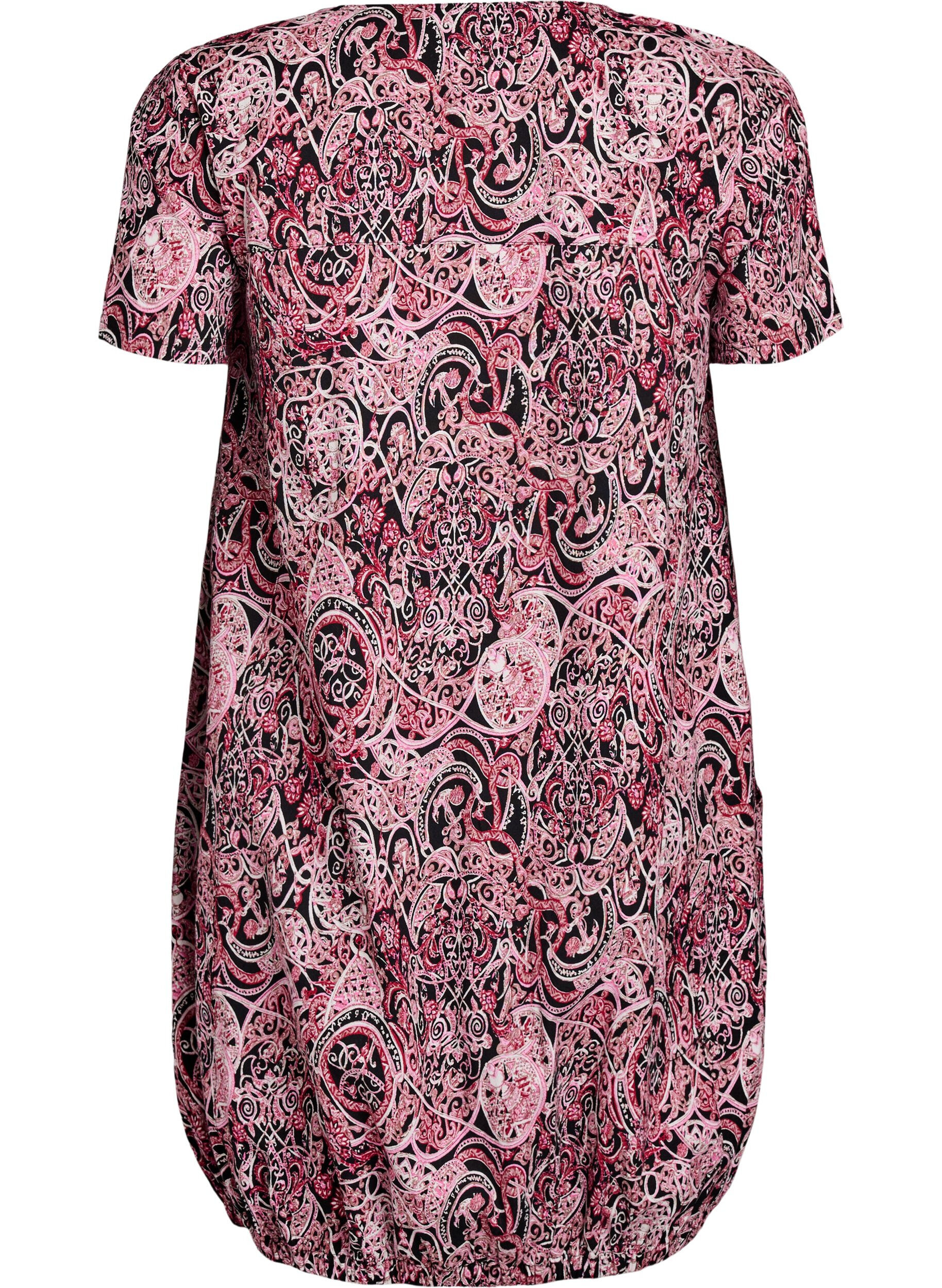 ZizziKatoenen jurk met korte mouwen en print, Zwart, Packshot image number 1