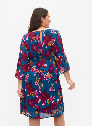 Bedrukte geplooide jurk met bindband, Blue Coral Flower, Model image number 1